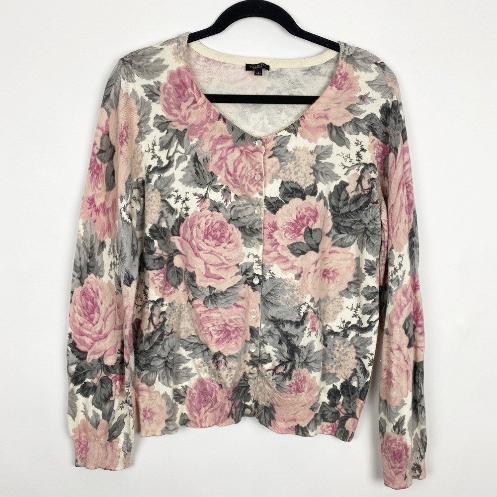 Talbots Floral Rose Angora Blend V-Neck Cardigan Sweater Womens Large Romantic